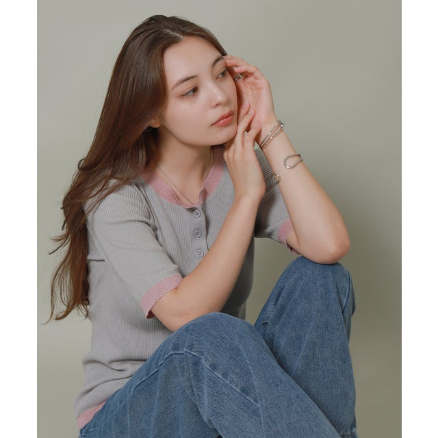 配色ヘンリーネックリンガーTシャツ （グレー）