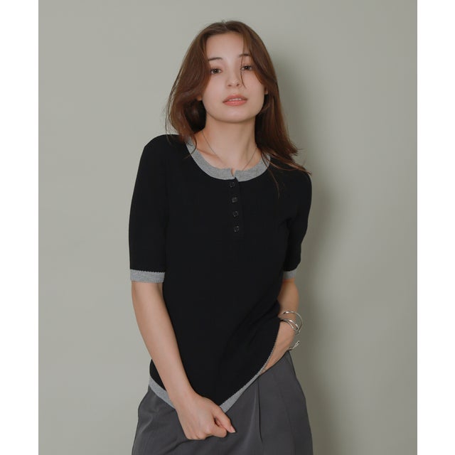 配色ヘンリーネックリンガーTシャツ （クロ）