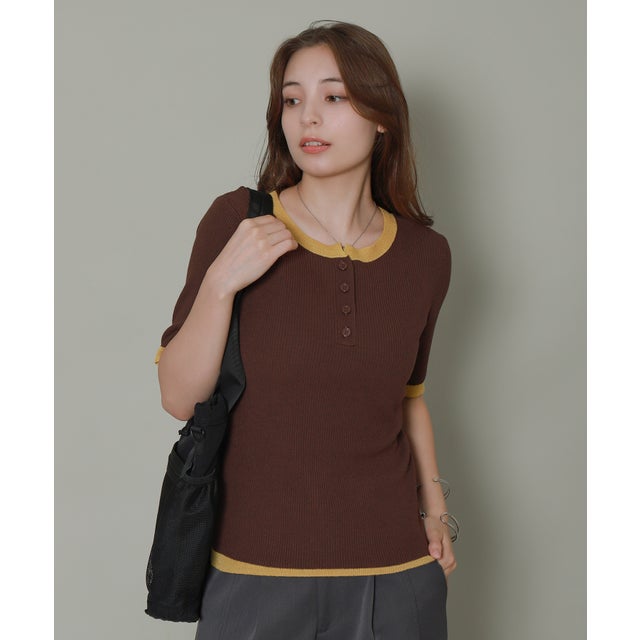 配色ヘンリーネックリンガーTシャツ （ブラウン）