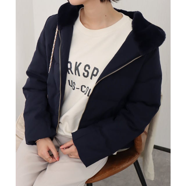 フェイクファーフードダウンジャケット （ネイビー）
