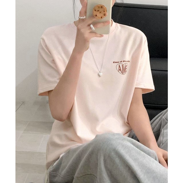 コットン素材ロゴ入り半袖Tシャツ（ピンク）
