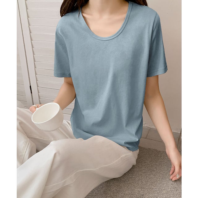 ゆったりUネックシンプルTシャツ カットソー（ブルー）