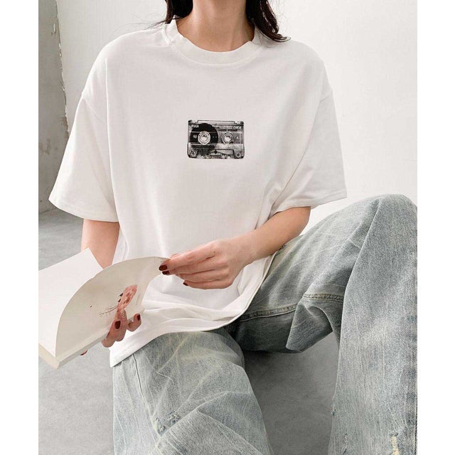 モノクロプリントオーバーサイズTシャツ （ホワイト）