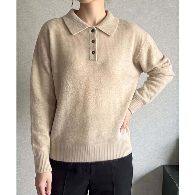 ウール混長袖ポロニットプルオーバー （ベージュ）