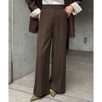 【S～2Lサイズ展開】美脚センタープレスワイドパンツ ウエストゴム スラックス （ブラウン）｜詳細画像