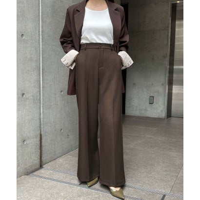【S～2Lサイズ展開】美脚センタープレスワイドパンツ ウエストゴム スラックス （ブラウン）｜詳細画像