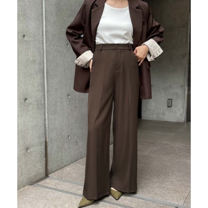 【S～2Lサイズ展開】美脚センタープレスワイドパンツ ウエストゴム スラックス （ブラウン）｜詳細画像