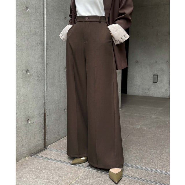 【S～2Lサイズ展開】美脚センタープレスワイドパンツ ウエストゴム スラックス （ブラウン）
