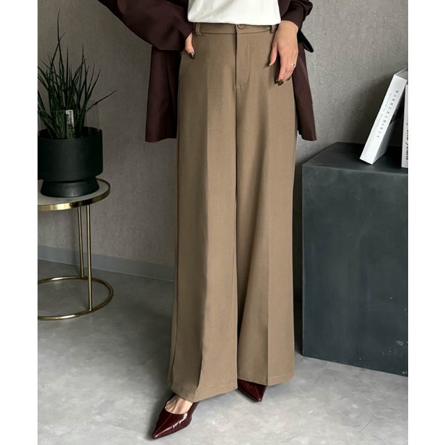 【S～2Lサイズ展開】美脚センタープレスワイドパンツ ウエストゴム スラックス （ベージュ）