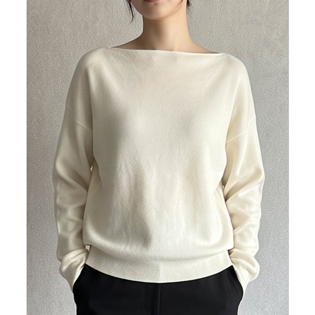【チクチクしない / ウール混】ボートネックニットプルオーバー ボーダー 無地 （アイボリー）