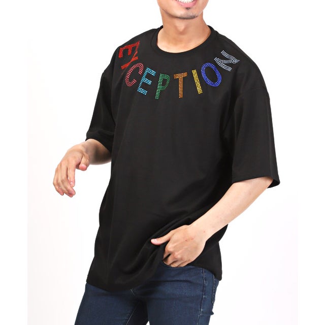 ラインストーンアーチロゴTシャツ/Tシャツ メンズ レディース 半袖 ロゴ ラインストーン ビッグシルエット （99ブラック×カラフル）