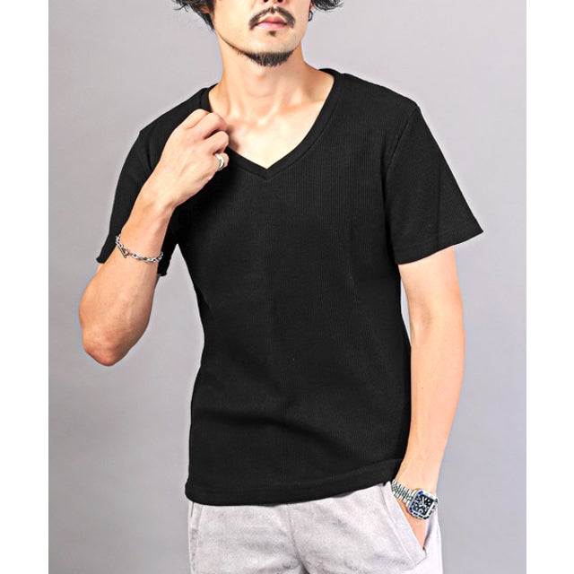サーマルワッフルVネックTシャツ/Tシャツ メンズ 半袖 Vネック ワッフル サーマル トップス カットソー （ブラック）