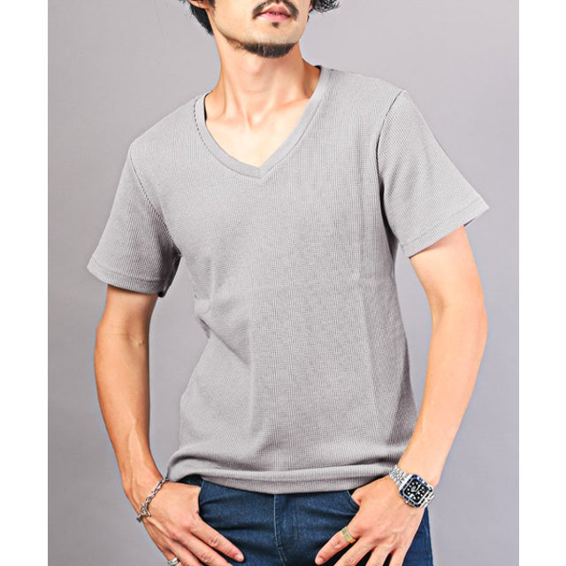 サーマルワッフルVネックTシャツ/Tシャツ メンズ 半袖 Vネック ワッフル サーマル トップス カットソー （グレー）