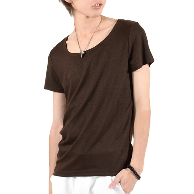 Aegnoir(イグノア) ワイドUネック無地Tシャツ/お兄系 メンズ Tシャツ シャツ 半袖 メンズ Tee 無地 （ダークブラウン）