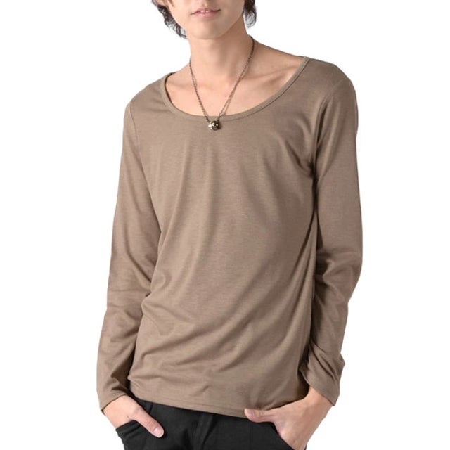 Aegnoir(イグノア) ワイドUネック無地ロンT/お兄系 メンズ Tシャツ シャツ 長袖 メンズ Tee 無地 （モカ）
