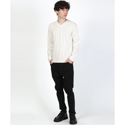 長袖VネックTシャツ/トップス カットソー インナー 無地 定番 大きいサイズ カジュアル きれいめ おしゃれ （ホワイト）｜詳細画像
