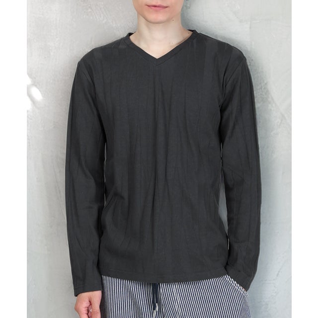 長袖VネックTシャツ/トップス カットソー インナー 無地 定番 大きいサイズ カジュアル きれいめ おしゃれ （チャコール）