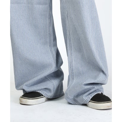 ヒッコリーワイドパンツ/デニムパンツ ワークパンツ ボトムス ヒッコリー ストライプ 太い ビッグシルエット コットン 綿100％ （ブルー）｜詳細画像