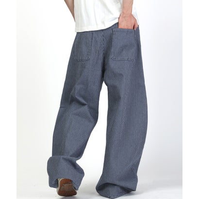 ヒッコリーワイドパンツ/デニムパンツ ワークパンツ ボトムス ヒッコリー ストライプ 太い ビッグシルエット コットン 綿100％ （ブルー）｜詳細画像
