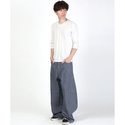 ヒッコリーワイドパンツ/デニムパンツ ワークパンツ ボトムス ヒッコリー ストライプ 太い ビッグシルエット コットン 綿100％ （ブルー）｜詳細画像