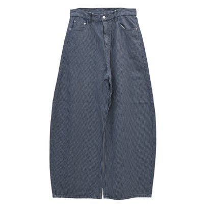 ヒッコリーワイドパンツ/デニムパンツ ワークパンツ ボトムス ヒッコリー ストライプ 太い ビッグシルエット コットン 綿100％ （ブリーチ）｜詳細画像