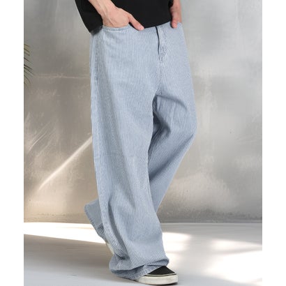 ヒッコリーワイドパンツ/デニムパンツ ワークパンツ ボトムス ヒッコリー ストライプ 太い ビッグシルエット コットン 綿100％ （ブリーチ）｜詳細画像