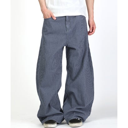 ヒッコリーワイドパンツ/デニムパンツ ワークパンツ ボトムス ヒッコリー ストライプ 太い ビッグシルエット コットン 綿100％ （ブリーチ）｜詳細画像