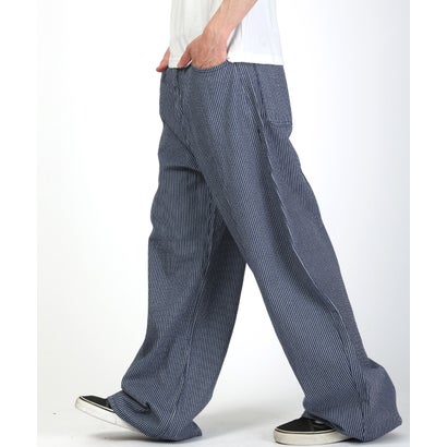 ヒッコリーワイドパンツ/デニムパンツ ワークパンツ ボトムス ヒッコリー ストライプ 太い ビッグシルエット コットン 綿100％ （ブリーチ）｜詳細画像