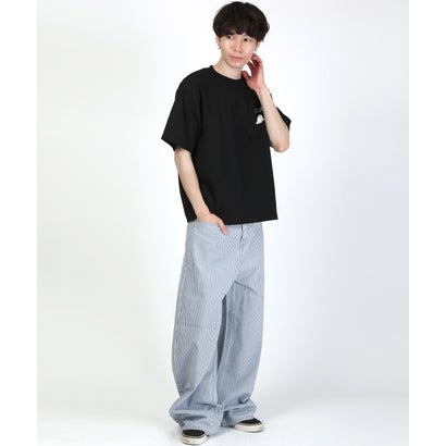 ヒッコリーワイドパンツ/デニムパンツ ワークパンツ ボトムス ヒッコリー ストライプ 太い ビッグシルエット コットン 綿100％ （ブリーチ）｜詳細画像