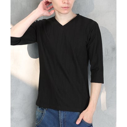 七分袖VネックTシャツ/トップス カットソー インナー 無地 定番 大きいサイズ カジュアル 上品 きれいめ おしゃれ （ブラック）｜詳細画像