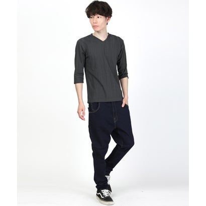 七分袖VネックTシャツ/トップス カットソー インナー 無地 定番 大きいサイズ カジュアル 上品 きれいめ おしゃれ （ブラック）｜詳細画像