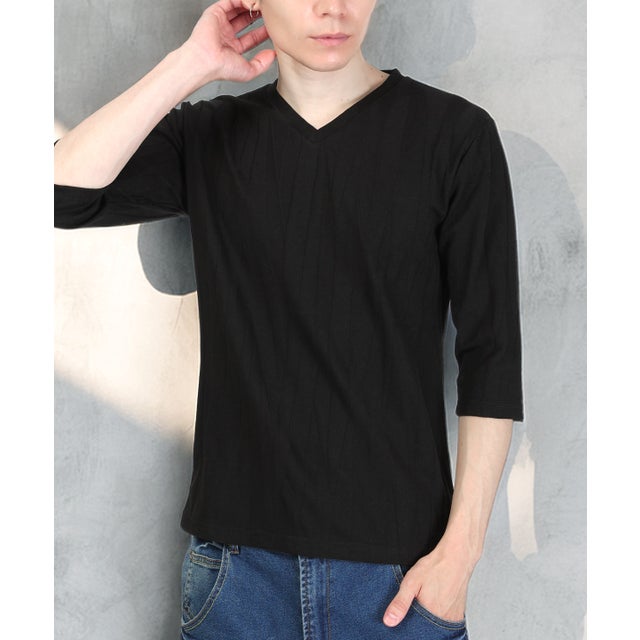 七分袖VネックTシャツ/トップス カットソー インナー 無地 定番 大きいサイズ カジュアル 上品 きれいめ おしゃれ （ブラック）