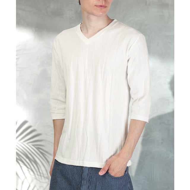 七分袖VネックTシャツ/トップス カットソー インナー 無地 定番 大きいサイズ カジュアル 上品 きれいめ おしゃれ （ホワイト）