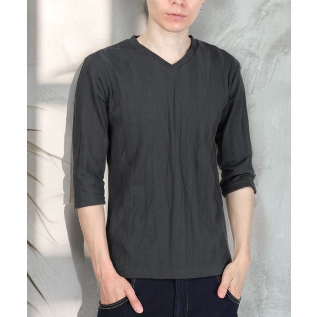 七分袖VネックTシャツ/トップス カットソー インナー 無地 定番 大きいサイズ カジュアル 上品 きれいめ おしゃれ （チャコール）
