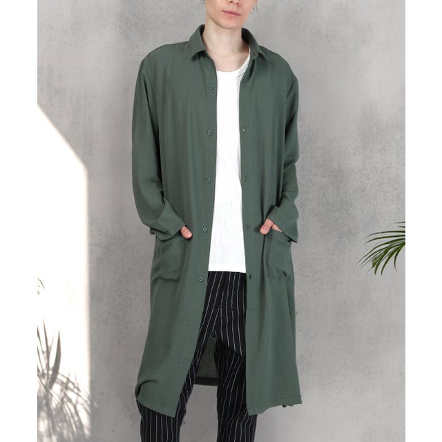 長袖ロングシャツ/ロングシャツ ロング丈 トップス 無地 オーバーサイズ 羽織り ポケット付き ドレープ 上品 （グレー）
