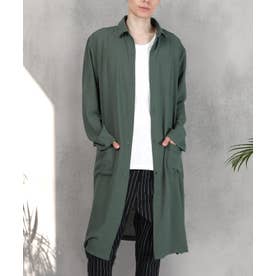 長袖ロングシャツ/ロングシャツ ロング丈 トップス 無地 オーバーサイズ 羽織り ポケット付き ドレープ 上品 （グレー）