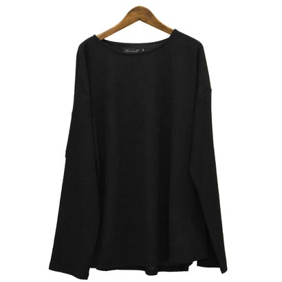 ワイドシルエットラメ糸ロンT/Tシャツ ボートネック トップス カットソー 無地 ラメ 楊柳 ワイド 大きめ カジュアル きれいめ （ブラック）｜詳細画像