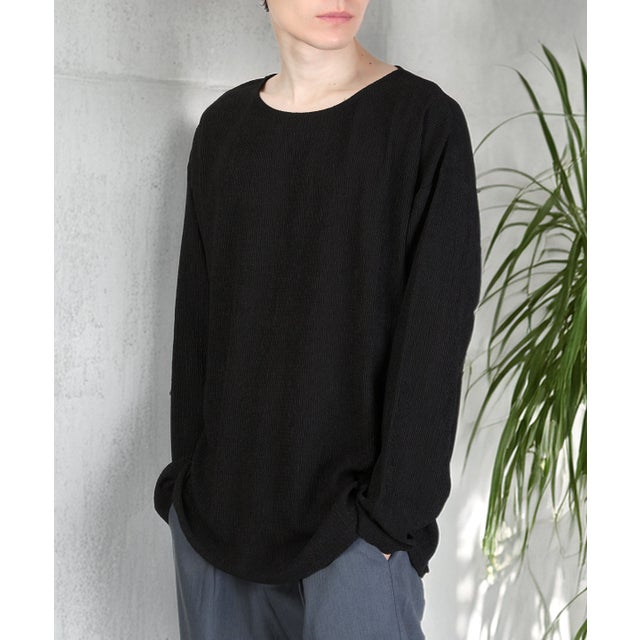ワイドシルエットラメ糸ロンT/Tシャツ ボートネック トップス カットソー 無地 ラメ 楊柳 ワイド 大きめ カジュアル きれいめ （ブラック）