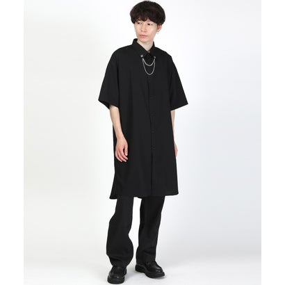 チェーンネックカラーピン付き無地ロング丈半袖シャツ/ロング丈 ビッグシャツ メンズ レディース チェーン ネックレス カラーピン タイピン チャーム （クレイジー）｜詳細画像