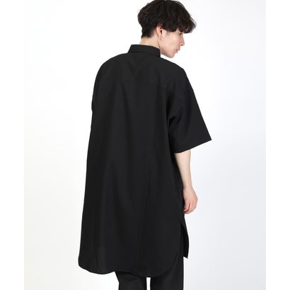 チェーンネックカラーピン付き無地ロング丈半袖シャツ/ロング丈 ビッグシャツ メンズ レディース チェーン ネックレス カラーピン タイピン チャーム （ブラック）｜詳細画像