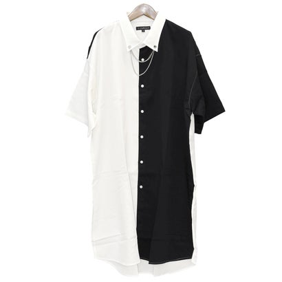 チェーンネックカラーピン付き無地ロング丈半袖シャツ/ロング丈 ビッグシャツ メンズ レディース チェーン ネックレス カラーピン タイピン チャーム （ホワイト）｜詳細画像