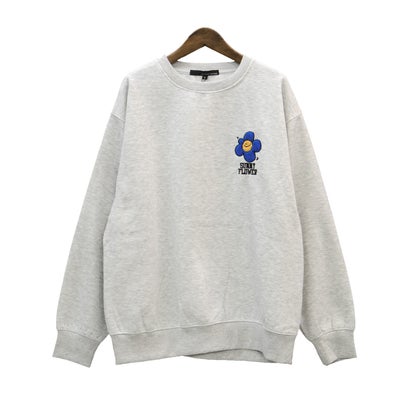 裏起毛サガラ刺繍トレーナー/裏起毛 あったか 暖か 防寒 長袖 クルーネック サガラ刺繍 ゴースト フラワー 花柄 スマイリー ワンポイント オーバーサイズ （Bグレー）｜詳細画像