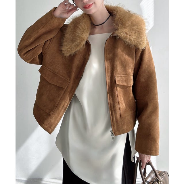 ファーカラースエードショートブルゾン （ブラウン）