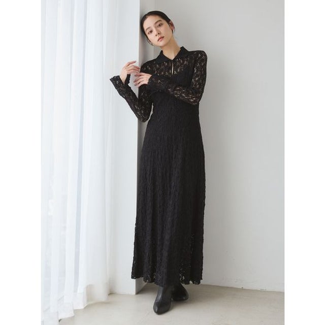 ラッセルレーススキッパーカラーワンピース （BLK）