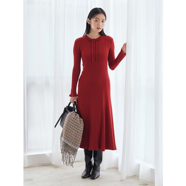 フリルネックラメニットワンピース （RED）