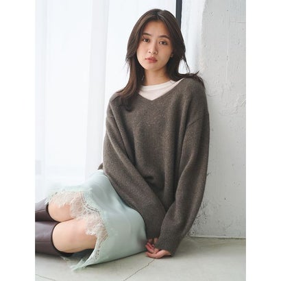 ウォッシャブルリッチウール浅Vファーニット （BRW）｜詳細画像