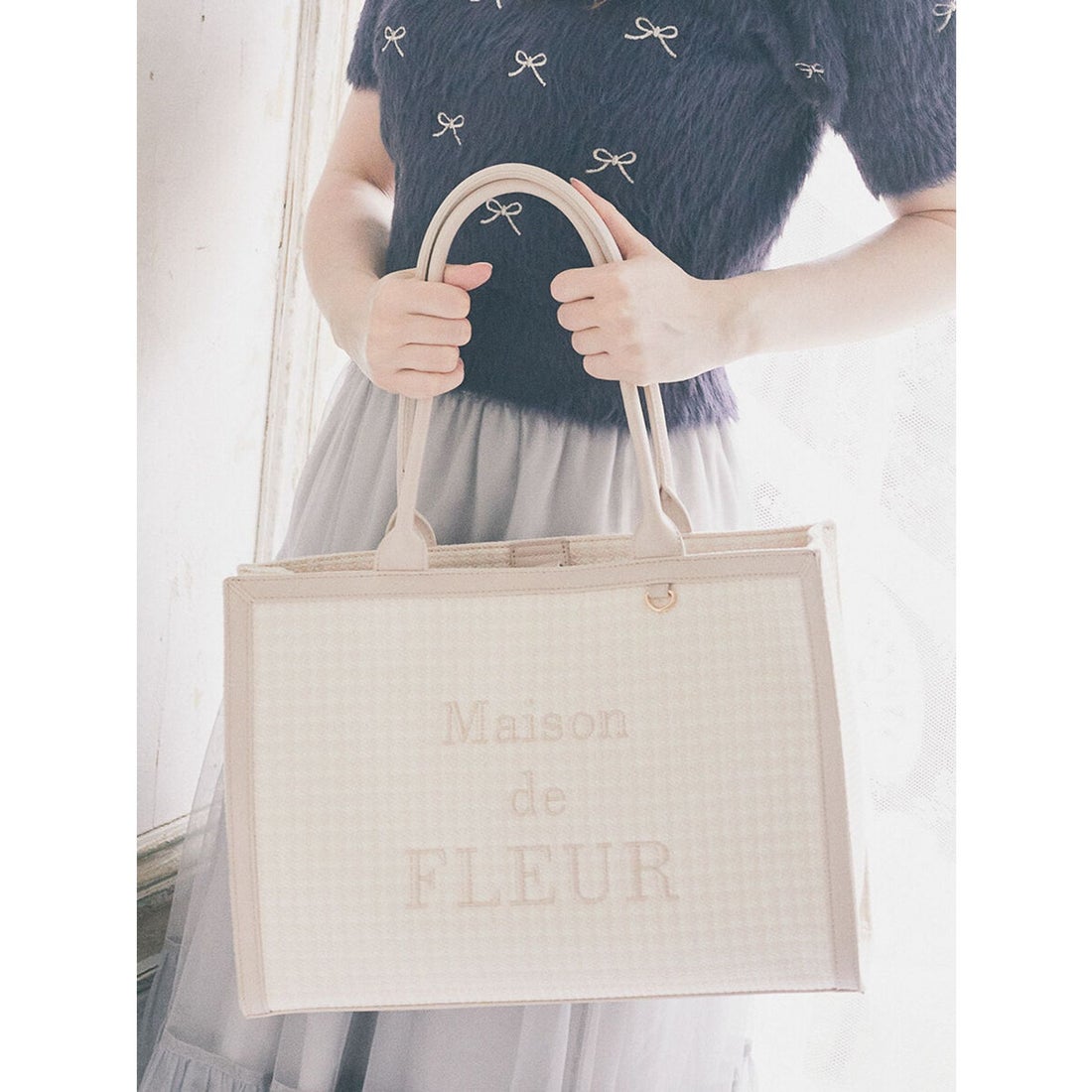 メゾン ド フルール Maison de FLEUR ツイードスクエアトートバッグ