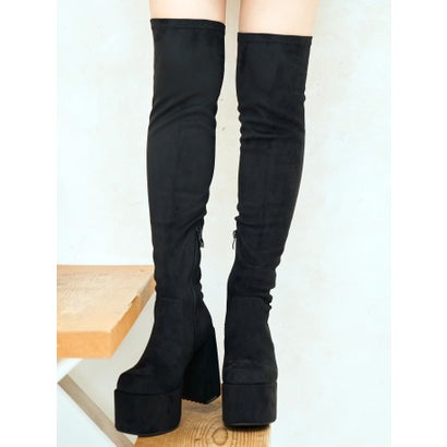 マフモフ Mafmof Mafmof(マフモフ)11.5cmバルキーヒール厚底プラットフォームストレッチニーハイブーツ （ブラック・スエード）｜詳細画像