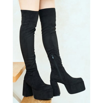 マフモフ Mafmof Mafmof(マフモフ)11.5cmバルキーヒール厚底プラットフォームストレッチニーハイブーツ （ブラック・スエード）｜詳細画像