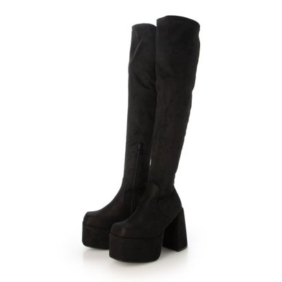 マフモフ Mafmof Mafmof(マフモフ)11.5cmバルキーヒール厚底プラットフォームストレッチニーハイブーツ （ブラック・スエード）｜詳細画像